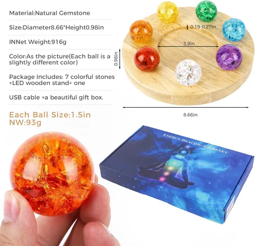 Vista 2 de Juego de bolas de cristal curativo de 7 colores con base de madera LED, esferas de chakra agrietadas con hielo de 1.57 pulgadas, orbes de energía