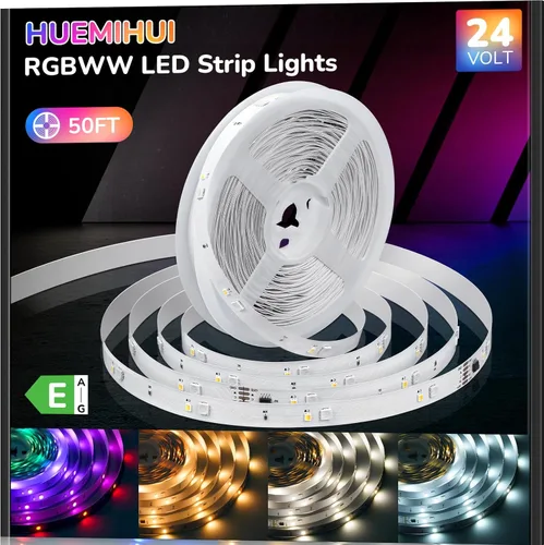 Vista 7 de Tira de luces LED RGBWW+IC de 50 pies, regulable, multicolor, 3000K-6500K luces LED con control remoto, cinta de luces RGB autoadhesivas que cambian