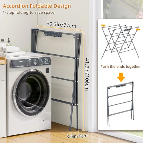 Vista 5 de HOMIDEC Tendedero de secado de ropa, 12 postes de secado grandes con clips para calcetines, estante de secado de ropa, plegable, portátil, para Plata