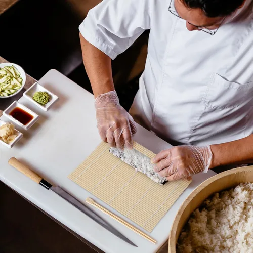 Vista 6 de Hoolerry 24 alfombrillas de sushi a granel de bambú para hacer sushi rodillo antiadherente cuadrado para suministros de fiesta en el hogar, 9.5 x