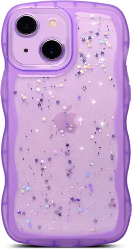 Vista 125 de Qokey para iPhone 14 Plus Funda de 6.7" con diseño de borde ondulado rizado, transparente, con purpurina, brillo, estrellas, brillante, lindo