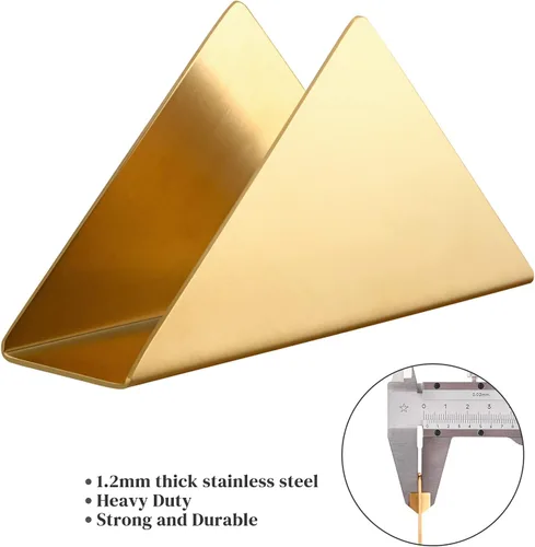 Vista 4 de 2 servilletas de acero inoxidable dorado 304, organizador moderno triangular de servilletas de cóctel para encimeras de cocina, mesas de comedor