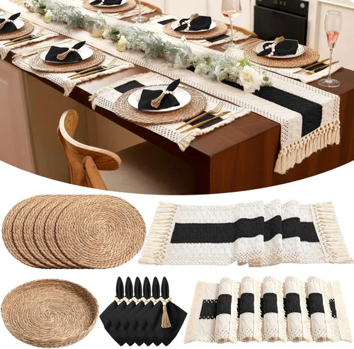 Vista 14 de 6 juegos de manteles individuales bohemios redondos tejidos, servilletas de tela, servilleteros de cuentas de madera, camino de mesa largo