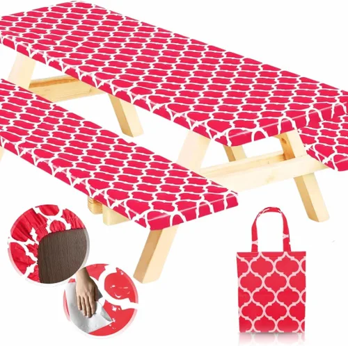 Vista 22 de RNOONY Mantel de vinilo ajustable para mesa de picnic con fundas de banco y bolsa, mantel de picnic impermeable para exteriores de 6 pies con bordes
