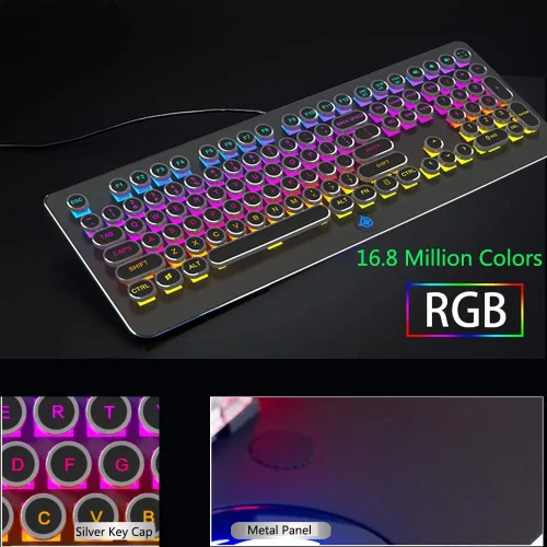 Vista 5 de MK9 Teclado mecánico para juegos RGB Retro Teclado-Interruptor azul retroiluminado LED - Plateado 108 teclas redondas Anti-Ghosting Teclado mecánico