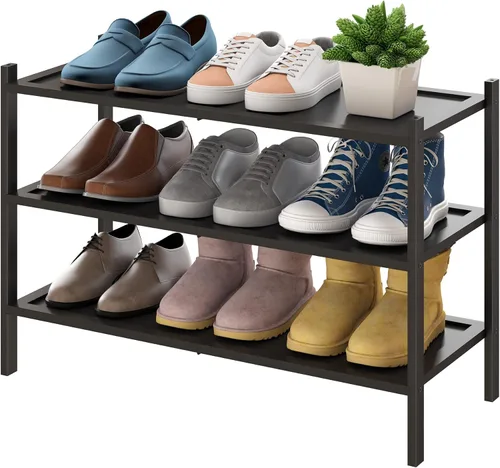 Vista 25 de BMOSU - Estante de zapatos pequeño de bambú de 2 niveles premium, organizador de almacenamiento apilable para pasillo, armario, sala de estar y Negro