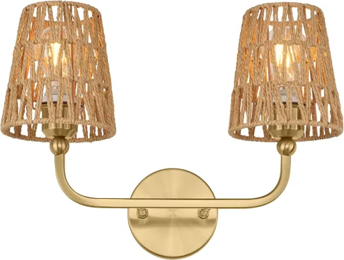 Vista 39 de VL837-BG-RA-3 - Lámparas de baño de 3 luces, luces de tocador de ratán dorado cepillado con pantalla acampanada tejida a mano, apliques de pared