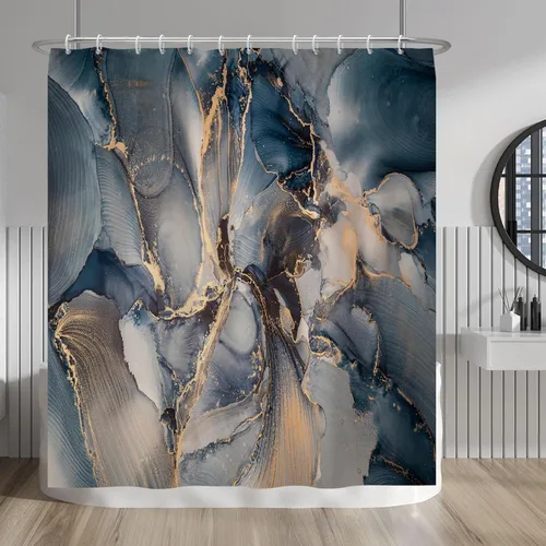 Vista 119 de Baocicco Cortina de ducha de mármol azul abstracto a rayas, decorativa, textura de lujo, línea moderna, decoración de acuarela, juego de cortinas