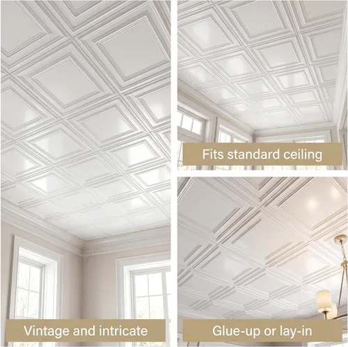 Vista 6 de from Plain to Beautiful in Hours 232 Economy - Azulejos de techo de PVC de 2 pies x 2 pies, blanco, paquete de 10