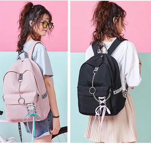 Vista 4 de Mochila escolar para adolescentes con puerto de carga USB de 16 pulgadas, mochila de viaje para computadora portátil, Negro-zapato encaje-usb