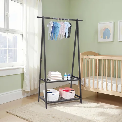 Vista 2 de Finnhomy Estante de ropa de bambú portátil extra grande con estantes de almacenamiento de 2 ruedas para recibidor y dormitorio, diseño patentado