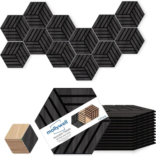 Vista 23 de Mollywell Paneles acústicos hexagonales, nogal S4, 14 x 12 x 0.4 pulgadas, paquete de 12 unidades chapa de madera Paneles de pared de alta
