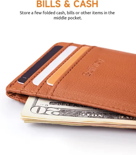 Vista 5 de Buffway Billetera delgada para hombre, minimalista con bolsillo frontal delgado, tarjetero de cuero con bloqueo RFID para viajes de trabajo