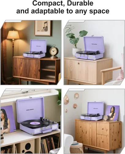 Vista 8 de Tocadiscos Bluetooth de vinilo con altavoces incorporados, transmisión por correa de 3 velocidades, reproducción y grabación por USB, regalo retro