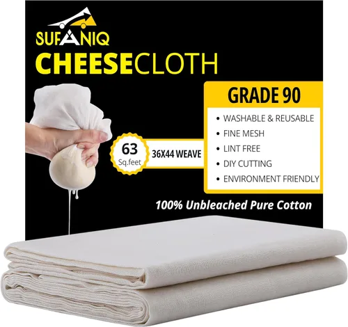 Vista 16 de Sufaniq Paños de Queso, Grado 90 (9 Pies Cuadrados) Estopilla Reutilizable de Algodón 100% Puro, Tela Ultrafina Sin Blanquear, Estopilla para Colar