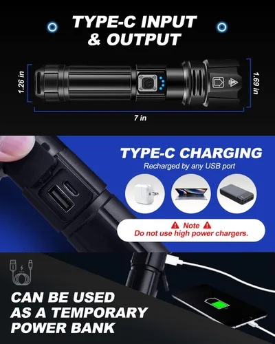 Vista 6 de Victoper Linterna Recargable, Linternas Super Brillantes de Altos Lúmenes, 5 Modos XHP 70.2 Linterna Táctica LED Impermeable de Alta Potencia