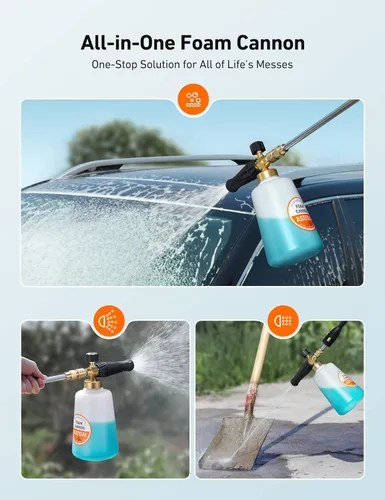 Vista 9 de AstroAI Cañón de espuma resistente para automóvil, botella de metal ancho, lanza de espuma de nieve ajustable para lavadora a presión con conector