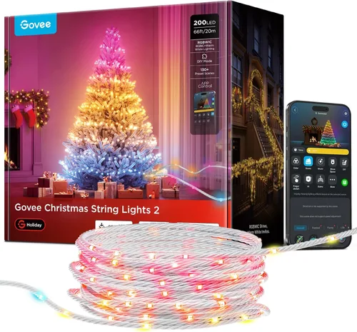 Vista 10 de Luces Navideñas Govee Christmas Lights 2, Luces de Cadena Navideñas RGBWIC de 99 Pies con 300 LEDs con Función de Mapeo de Formas, Decoración LED