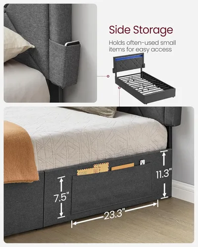 Vista 6 de VASAGLE Base de cama LED tamaño individual, cama individual con cabecera y 4 cajones, 1 puerto USB y 1 puerto tipo C, cabecera tapizada ajustable