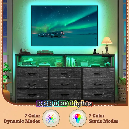 Vista 6 de Romorgniz Cómoda de 55 pulgadas de ancho para dormitorio con 9 cajones, soporte de TV LED con tomas de corriente para TV de 45, 55, 65 pulgadas