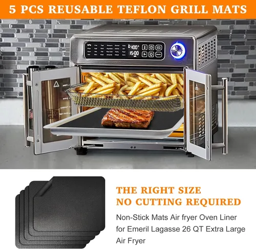 Vista 2 de 5 piezas de esteras de teflón para forro de horno para la freidora de aire de puerta francesa de 26 QT Emeril Lagasse 360, forros de freidora