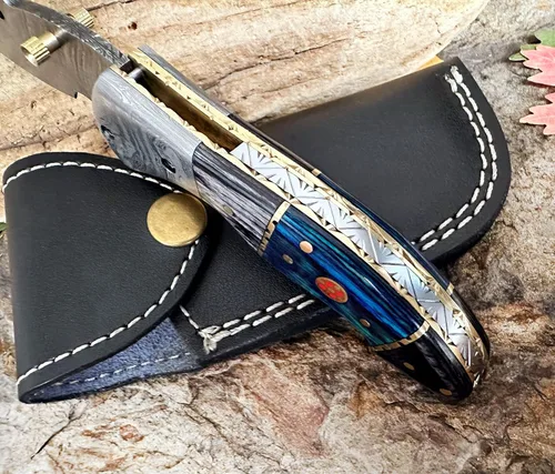Vista 4 de Cuchillo de Bolsillo de Acero de Damasco para Hombres con Funda de Cuero, Cuchillos de Caza Plegables Hechos a Mano de 7 Pulgadas, Mango - Cuchillo