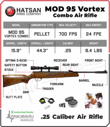 Vista 3 de Hatsan Mod 95 Vortex Combo rifle de aire con Wearable4U 100x objetivos de papel y pellets