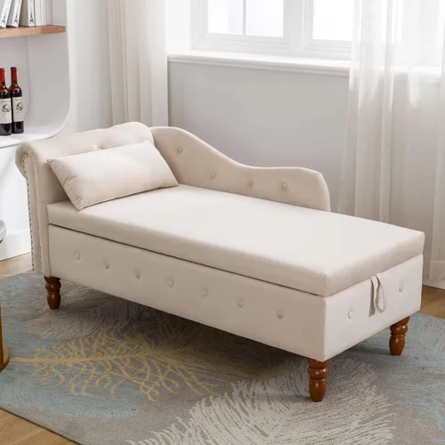 Vista 5 de Chaise Lounge para interiores, sillón de terciopelo con almacenamiento y almohada, moderno sofá tumbona tapizado con brazo enrollado con ribete
