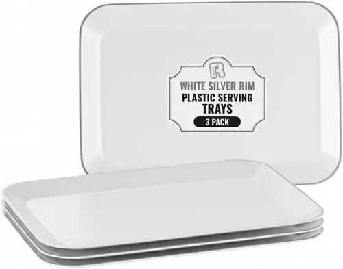 Vista 10 de Paquete de 3 bandejas de plástico negro para servir – Bandeja negra de 8 x 11 pulgadas – Bandejas de postre resistentes para alimentos – Bandejas