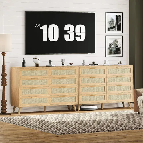 Vista 44 de Rovaurx Cómoda doble de 6 cajones para dormitorio, cómoda de ratán, cómoda de madera moderna con asas doradas, mesa auxiliar para armario, sala