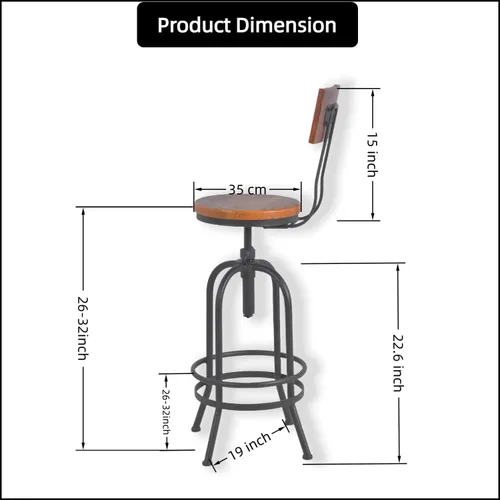 Vista 2 de Juego de 2 taburetes de bar industriales con respaldo, asiento giratorio de madera, barra de bar altura ajustable de 26 a 32.2 pulgadas, silla