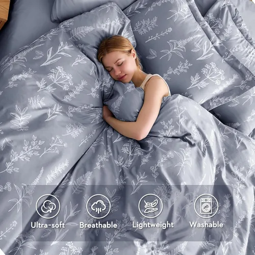 Vista 2 de MUXHOMO - Funda de edredón tamaño Queen, juego de funda de edredón reversible floral gris con cierre de cremallera, 3 piezas, juego de ropa de cama