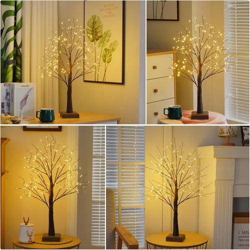 Vista 7 de PXBNIUYA Lámpara de árbol artificial de 144 LED con temporizador, árboles de abedul con luces LED, lámpara de árboles iluminada con USB / batería