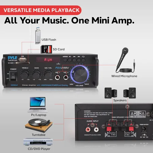 Vista 4 de Pyle Amplificador de potencia estéreo Bluetooth inalámbrico de 200 W, receptor de audio de 2 canales con RCA, USB, SD, entrada de micrófono, radio