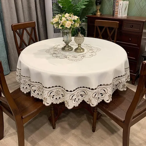 Vista 2 de Sandweek - Mantel redondo de encaje bordado con flores, sin arrugas y resistente a las manchas, mantel de mesa para cocina y cena