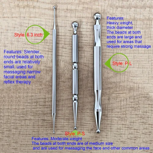 Vista 2 de BYYDDIY 6.3pulg de acero inoxidable herramientas de reflexología facial de doble cabeza con bolsa de fieltro, herramienta de masaje de oído, punta