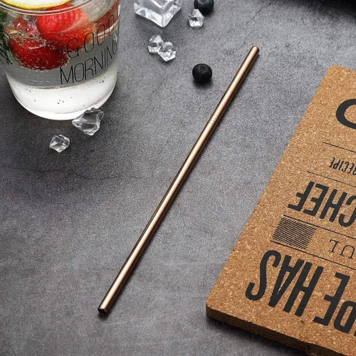 Vista 4 de 18 popotes de acero inoxidable de cobre, popotes reutilizables de oro rosa de 8.5 pulgadas, con bolsa portátil (8 rectos/8 doblados/2 cepillos)