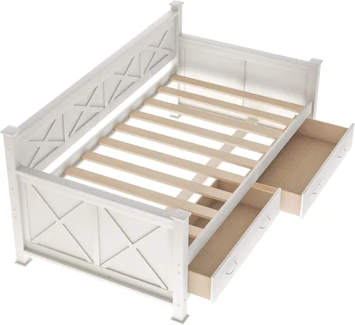 Vista 5 de Sofá cama de madera maciza con 2 cajones de almacenamiento, marco de cama de día tamaño individual con respaldo y reposabrazos en forma de X, marco