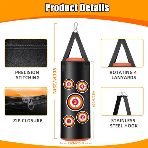 Vista 2 de Hanging Punching Bag for Kids, 2FT PU Leather Kicking Bag with Boxing Bag Gloves, Heavy Bag Boxing Equipment for Training Karate Muay Thai Kick