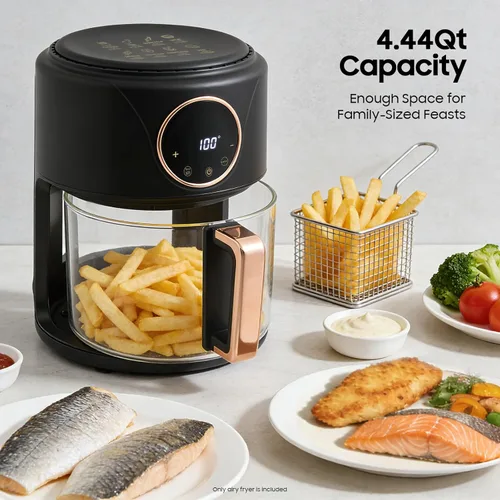 Vista 5 de Freidora de aire de vidrio de 4.44 cuartos de galón de 1200 W, 8-1 modos de cocción preestablecidos para cocinar papas fritas, pollo y más, freidora