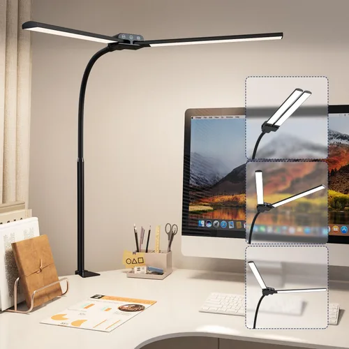 Vista 8 de KableRika Lámpara de escritorio, lámpara de escritorio LED de doble cabezal con abrazadera, luces de escritorio de arquitecto para oficina en casa