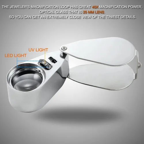 Vista 4 de KINGMAS Lupa de joyería 40X, lupa de ojo plegable iluminada con luz LED (detección de moneda LED/Jewlers identificando tipo lupe)