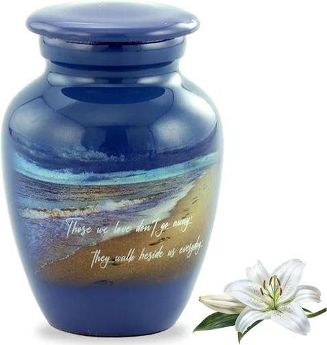 Vista 10 de Footprints Urna de cremación – Urna conmemorativa azul océano con playa y olas – Urnas funerarias de metal hechas a mano de tamaño completo