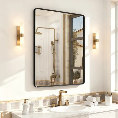 Vista 50 de OKPAL Espejo de Baño con Marco de Metal Negro de 40 x 36 Pulgadas para Pared, Espejo de Tocador de Baño Negro Mate, Espejo Rectangular Redondeado