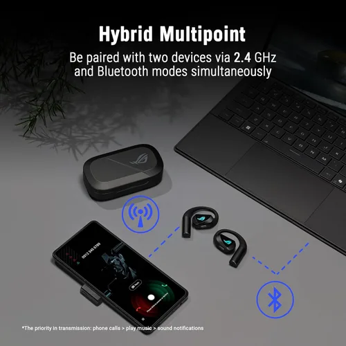 Vista 7 de ASUS ROG Cetra - Auriculares inalámbricos abiertos de oído abierto, modo dual (BT/2.4GHz), micrófono con cancelación de ruido Quad AI, baja Negro