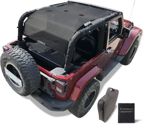 Vista 98 de Shadeidea - Parasol para vehículo Jeep Wrangler JK (2007-2018) de 2 puertas, delantero y trasero, pantalla de malla color negro, cubierta