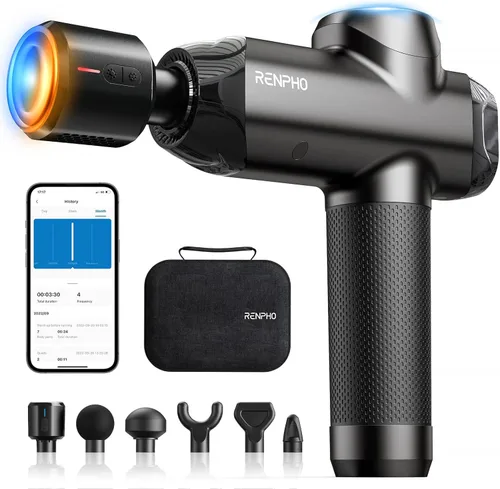 Vista 9 de RENPHO Pistola de masaje Power Thermacool de tejido profundo con calor y frío, pistola de masaje percutor muscular Bluetooth con amplitud de 12mm