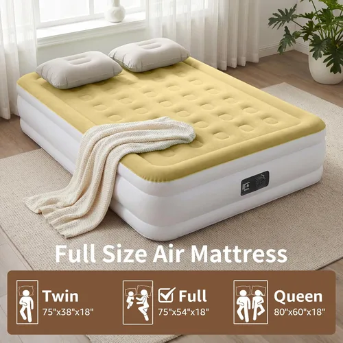 Vista 3 de YENING Colchón de aire tamaño completo con bomba incorporada, cama elevada doble inflable, cama de aire hinchable para camping eléctrico de 18 Beige