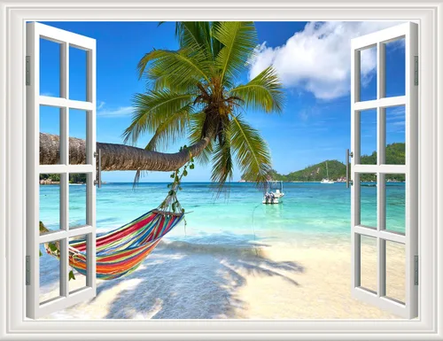 Vista 16 de Pintura autoadhesiva 3D, calcomanías de pared falsas para ventana, isla tropical con palmeras, mural de pared, vista de ventana, decoración de pared