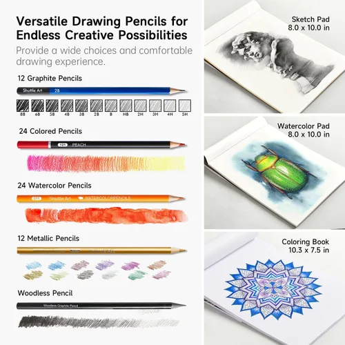 Vista 3 de Shuttle Art Kit de dibujo de 103 piezas, suministros de dibujo profesional con boceto, carbón, colores, grafito, lápices y palos pastel
